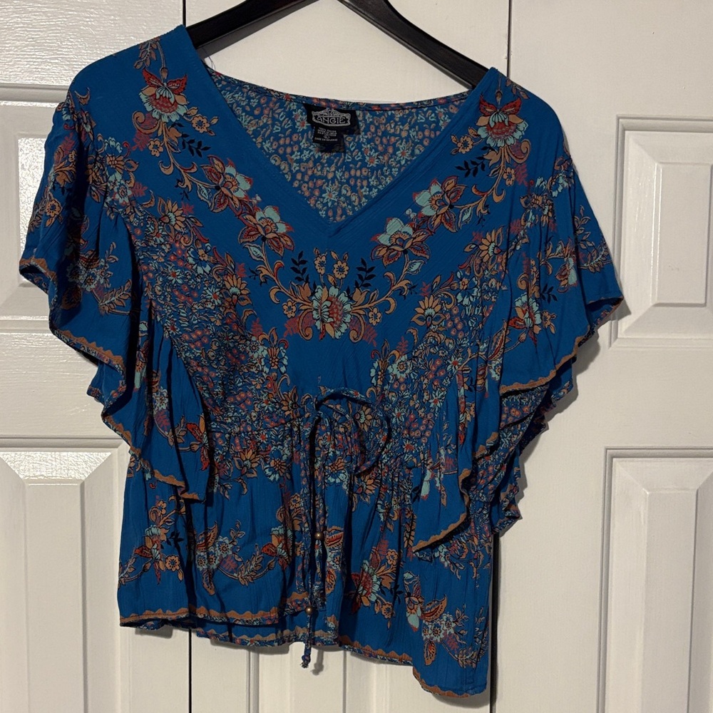 Angie Teal Blue Floral V-Neck Ruffle Tie-Waist Blouse